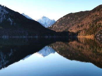 Scenic view of lake and mountains against clear sky