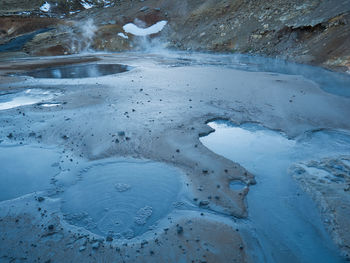 High angle view of frozen water on land
