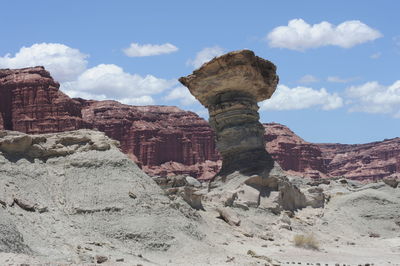 Low angle view of rock formations against sky