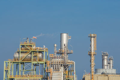 Low angle view of factory against clear blue sky