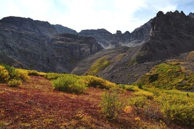 Scenic view of rocky mountains against sky