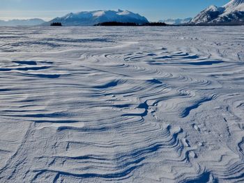 Aerial view of snow covered land