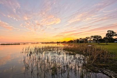 Scenic view of lake against sky during sunset