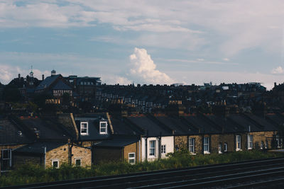 High angle view of buildings against sky