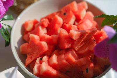 Close-up of chopped fruits in bowl