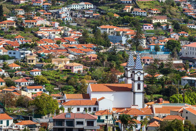 High angle view of buildings in town