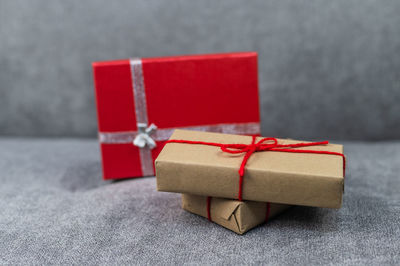 Close-up of red box on table