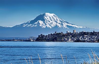 Scenic view of sea and snowcapped mountain against blue sky