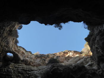 Low angle view of rock formation against clear blue sky