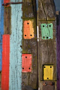 Close-up of birdhouse on wooden door
