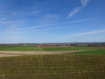 Scenic view of agricultural field against blue sky