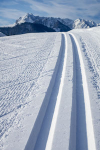 Tire tracks on snow covered land