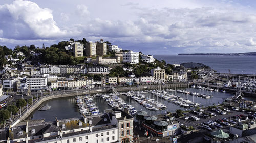 High angle view of city and buildings against sky