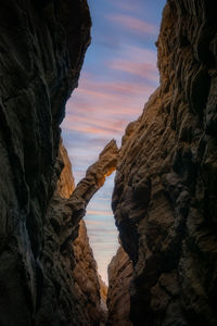 Rock formation against sky during sunset