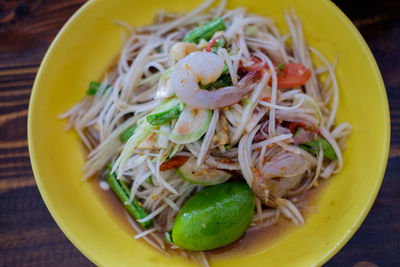 Close-up of noodles in bowl on table