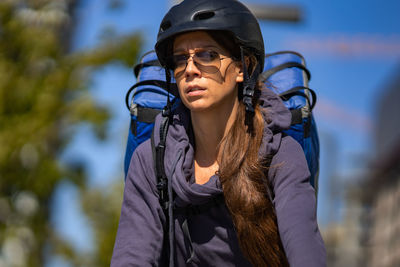 Delivery person riding electric bicycle