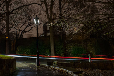 Light trails on road against trees at night