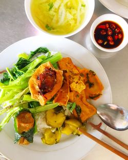 High angle view of meal served on table