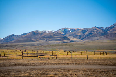 Scenic view of mountains against clear blue sky