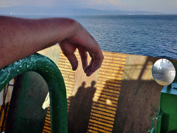 Cropped image of hand on sea shore