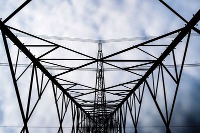 Low angle view of electricity pylon against sky