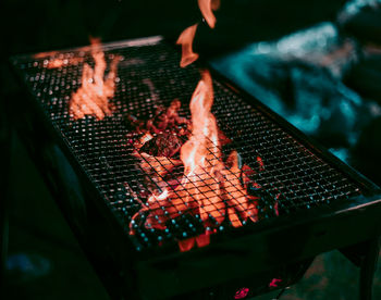 Close-up of meat grilling in barbeque