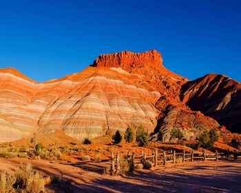 Scenic view of rock formation against clear blue sky