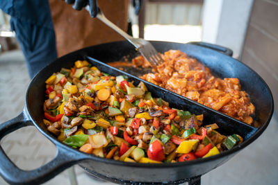 High angle view of vegetables in cooking pan