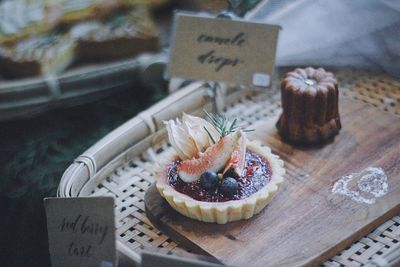 High angle view of dessert on table