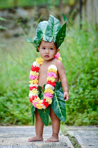 Portrait of cute boy wearing leaves and garland standing outdoors