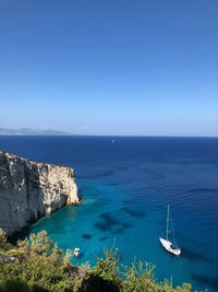 Scenic view of sea against clear blue sky