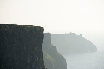 Rock formations by sea against clear sky