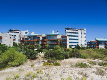 Buildings against clear blue sky