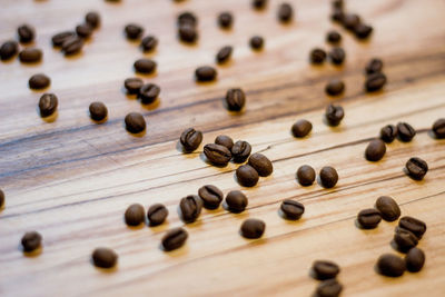 High angle view of coffee beans on table