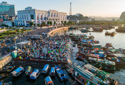 High angle view of boats at harbor