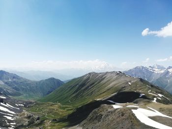 Scenic view of mountains against blue sky