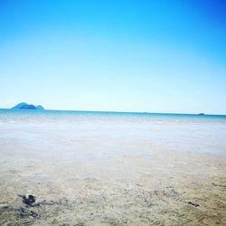 Scenic view of beach against clear blue sky