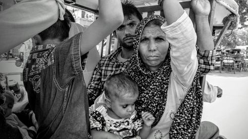 High angle view of father with people