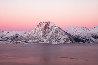 Scenic view of snowcapped mountains against sky during sunset