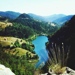 High angle view of river passing through mountains