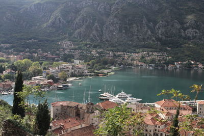 High angle view of townscape by river