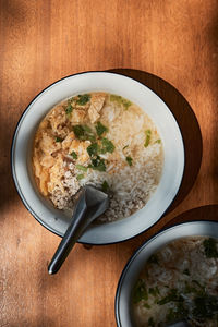 High angle view of soup in bowl on table