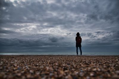 Rear view of man standing at beach against sky