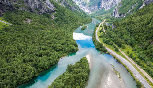 High angle view of road amidst trees