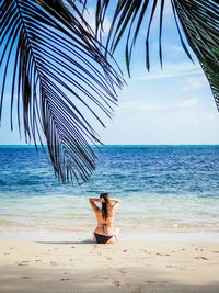 Woman from behind on sandy beach. one person, tropical, sea, beach.