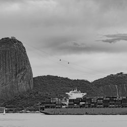 Photo of sugarloaf mountain with a cargo ship passing in front of it in guanabara bay