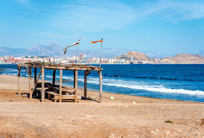 Scenic view of beach against blue sky