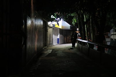 Rear view of man walking on walkway