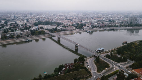 High angle view of river amidst buildings in city