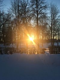 Bare trees on snow field against sky during sunset